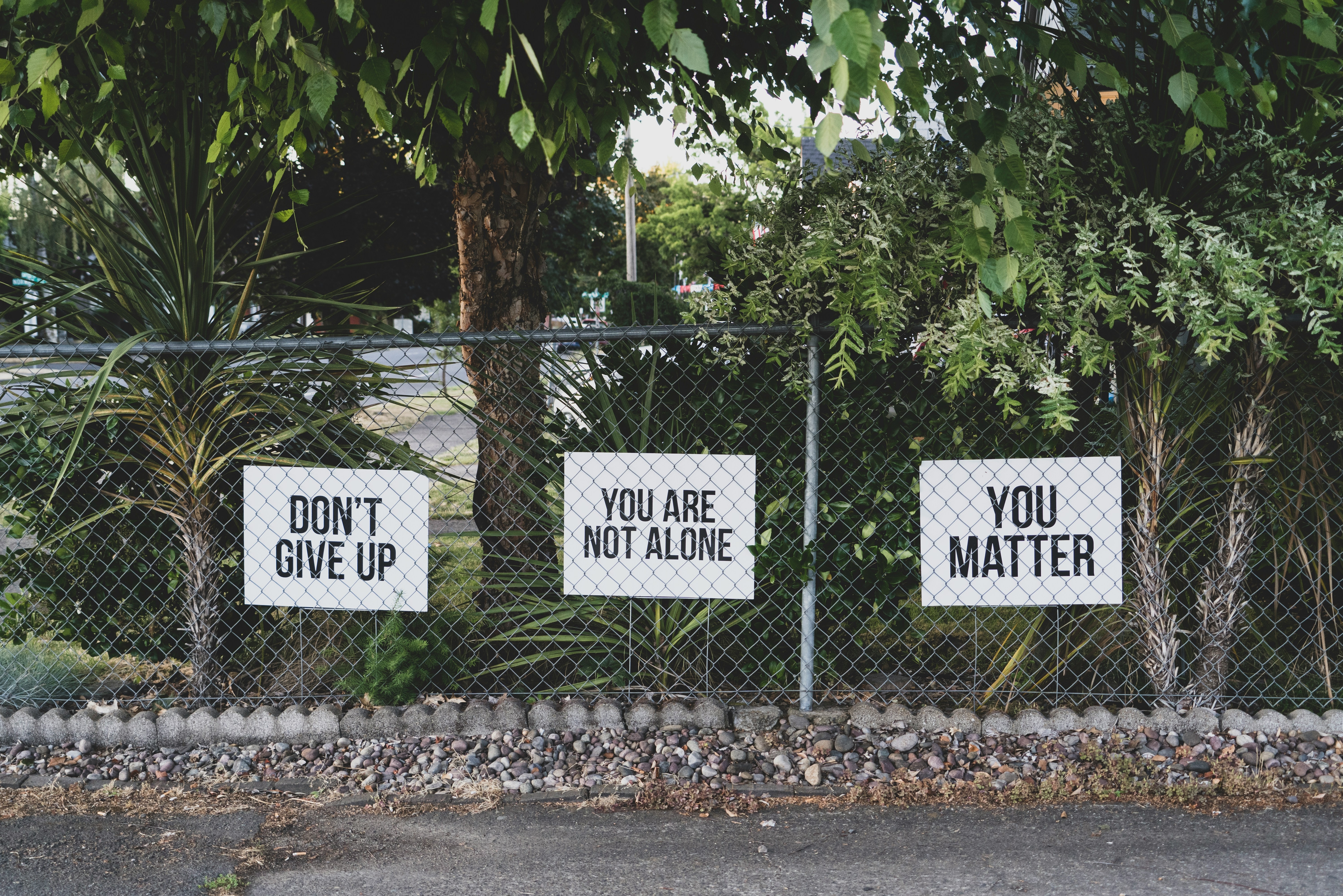 signs on fence that say don't give up, you are not alone, you matter
